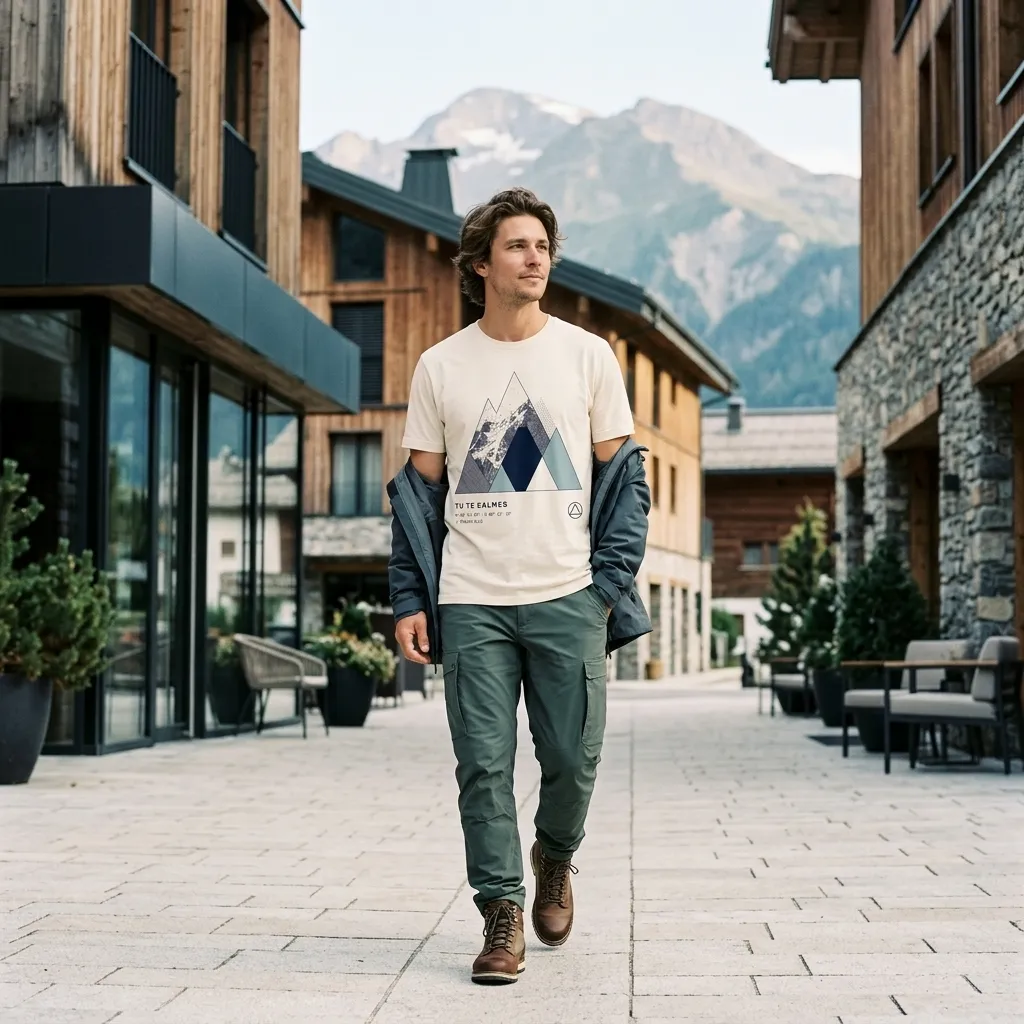 T-shirt Tu Te Calmes crème porté en village alpin