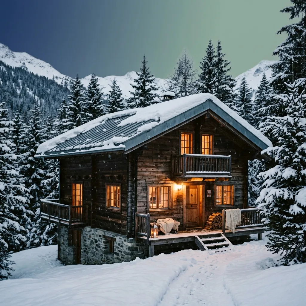 Chalet en bois sous la neige